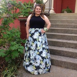 blue and black floral prom dress